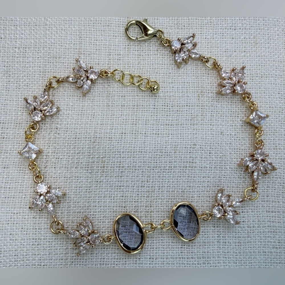 18K gold plated bracelet w CZ flowers,lolite oval quartz charms.7.5”to 8”. GIFT